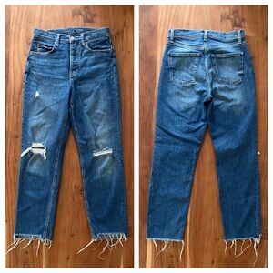 Old Navy sky high straight leg denim blue jean button fly raw hem distressed 4